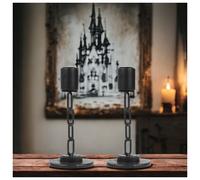 Urbn-Living Urbnliving 2Pcs Small Black Metal Chain Link Design Candle Holder With Wooden Stand Home Décor