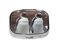 Small Young Penguins with Snow Printed Pill Organizer Daily,Portable Metal Travel Pill Case Box for Purse and Pocket