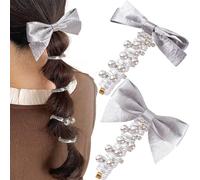 SmallCat 2PCS Bow Spiral Hair Ties with Beads, Bowknot Artificial Pearl Phone Cord Shape Hair Bands, Elastic Rubber Ponytail Holders for Women, No Crease Hair Accessories for Long Curly Hair - Silver