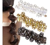 SmallCat 3PCS Spiral Hair Ties with Beads, 3 Colors Pearl Phone Cord Shape Hair Bands, Elastic Rubber Ponytail Holders for Women, No Crease Hair Accessories for Long Curly Hair-Gold Black White Pearl