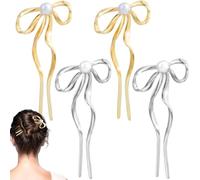 SmallCat 4pcs French Bow Pearl Hair Forks, U Shaped Vintage Twist Hairpins for Women, Large Updo Metal Hair Sticks Bun Hair Accessories for Long, Curly Hair - Gold, Silver