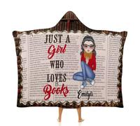 Smallduuck Personalized Just A Girl Who Loves Book Wearable Hooded Blanket Custom Portraits Reading Blanket with Name My Reading Blanket Throw Blanket Book Lovers Gift for Women Reader Book Lovers,08