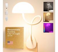 Smallish Shroommate Adjustable Clip on Bedside Light for Bed, USB Rechargeable Reading Lamp for Kids Nursery, Study Desk, Bed Headboard, LED Multicolor Changing Bendy Light Lamp with Adapter (White)