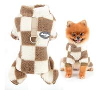 SMALLLEE_LUCKY_STORE Classic Checkered Fleece Dog Pajamas Pjs with Leash Ring for Small Dog Cat Winter Fall Pet Four-Leg Jumpsuit Puppy Pullover Sweater Yorkie Chihuahua Warm Clothes,Brown,S