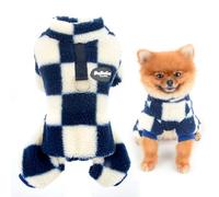 SMALLLEE_LUCKY_STORE Classic Checkered Fleece Dog Pajamas Pjs with Leash Ring for Small Dog Cat Winter Fall Pet Four-Leg Jumpsuit Puppy Pullover Sweater Yorkie Chihuahua Warm Clothes,Blue,M