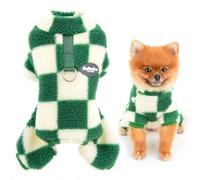 SMALLLEE_LUCKY_STORE Classic Checkered Fleece Dog Pajamas Pjs with Leash Ring for Small Dog Cat Winter Fall Pet Four-Leg Jumpsuit Puppy Pullover Sweater Yorkie Chihuahua Warm Clothes,Green,S
