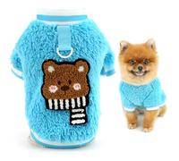SMALLLEE_LUCKY_STORE Coral Fleece Dog Jumper for Extra Small Dogs, Cute Bear Pattern Pet Sweater Pullover with D-ring Warm Cozy Puppy Sweatshirt Vest Winter Fall Chihuahua Yorkshire Clothes, Blue, L