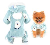 SMALLLEE_LUCKY_STORE Cute Doggy Print Fleece Hoodie Pajamas Pjs with Pom Pom Hood for Small Dog Cat Fall Winter Warm Pet Jumpsuit Puppy Pullover Sweater Kitten Chihuahua Yorkie Clothes,Blue,XL