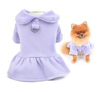 SMALLLEE_LUCKY_STORE Cute Pet Solid Color Fleece Dress Girls Puppy Winter Dress for Small Dog Cat with Leash Ring Fleece Lined Female Skirt Yorkie Chihuahua Warm Clothes,Purple,L