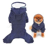 SMALLLEE_LUCKY_STORE Cute Polka Dot Raincoat for Small Dogs with Hood and Harness Leash Hole Puppy Botton Down Rain Jacket Full Boby 4 leg Jumpsuit Waterproof Lightweight Clothes,Blue,M