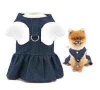 SMALLLEE_LUCKY_STORE Denim Dog Dress for Extra Small and Small Dog Female Puppy Skirt with D-ring Cute Angel Wing Harness Dress Summer Spring Pet Clothes Yorkie Chihuahua Cats Costume Dark Blue XS