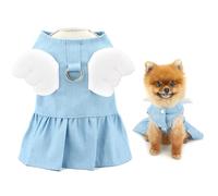 SMALLLEE_LUCKY_STORE Denim Dog Dress for Extra Small and Small Dog Female Puppy Skirt with D-ring Cute Angel Wing Harness Dress Summer Spring Pet Clothes Yorkie Chihuahua Cats Costume Light Blue S