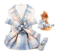 SMALLLEE_LUCKY_STORE Dog Plaid Harness Dress and Leash Set Bow Puppy Princess Dress for Small Medium Dog Cat Girls Pet Japanese School Skirt with D-ring Female Dog Clothes,Blue,XXL