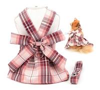 SMALLLEE_LUCKY_STORE Dog Plaid Harness Dress and Leash Set Bow Puppy Princess Dress for Small Medium Dog Cat Girls Pet Japanese School Skirt with D-ring Female Dog Clothes,Red,M