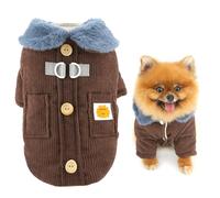 SMALLLEE_LUCKY_STORE Fleece Lined Corduroy Dog Coat for Small Dogs, Soft Puppy Harness Jacket with D-Ring and Pocket Fuzzy Collar Warm Pet Padded Autumn Winter Chihuahua Yorkie Clothes Brown M