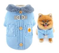 SMALLLEE_LUCKY_STORE Fleece Lined Corduroy Dog Coat for Small Dogs, Soft Puppy Harness Jacket with D-Ring and Pocket Fuzzy Collar Warm Pet Padded Autumn Winter Chihuahua Yorkie Clothes Blue L