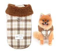 SMALLLEE_LUCKY_STORE Fleece Lined Dog Coat for Small Dog, Plaid Pet Vest with Leash Ring and Fuzzy Collar, Cold Weather Jacket Winter Fall Sweater Chihuahua Yorkie Cat Clothes, Brown, L