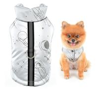 SMALLLEE_LUCKY_STORE Fleece Lined Dog Coat for Small Dog, Reflective Waterproof Pet Jacket with D-ring and Astronaut Space Printed, Winter Fall Puppy Vest Chihuahua Yorkie Cat Padded, Silver, M