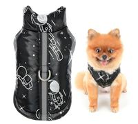 SMALLLEE_LUCKY_STORE Fleece Lined Dog Coat for Small Dog, Reflective Waterproof Pet Jacket with D-ring and Astronaut Space Printed, Winter Fall Puppy Vest Chihuahua Yorkie Cat Padded, Black, S