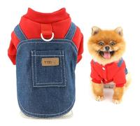 SMALLLEE_LUCKY_STORE Fleece Lined Dog Denim Vest with Sweatshirt for Small Dogs Warm Patchwork Puppy Sweater with D-ring Soft Winter Fall Chihuahua Yorkshire Clothes Red M