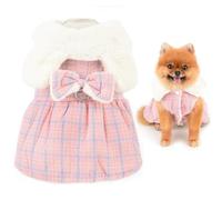 SMALLLEE_LUCKY_STORE Fleece Lined Dog Dress for Small Dog, Plaid Pet Coat with D-ring and Bow, Cotton Puppy Clothes with Fuzzy Bunny Collar Winter Fall Chihuahua Yorkie Cat Apparel, Pink, S