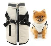 SMALLLEE_LUCKY_STORE Fleece Lined Pet Coat Sport Winter Jacket Vest with Harness D-ring for Small Dog Cat Reflective Zip-up Puppy Padded Chihuahua Yorkie Warm Clothes, Cream, M