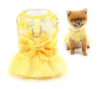 SMALLLEE_LUCKY_STORE Floral Dog Dresses for Small Dog Girls Puppy Harness Dress with D-Ring and Bow Spring Summer Lace Princess Skirt Pet Clothes Chihuahua Yorkie Cat Apparel, Yellow, L