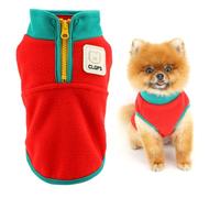 SMALLLEE_LUCKY_STORE Fuzzy Fleece Dog Jumper for Extra Small Dogs, Colorblock Warm Puppy Vest Sweater with Half Zipper and Cute Patch Cozy Turtleneck Winter Fall Chihuahua Yorkshire Clothes Red M