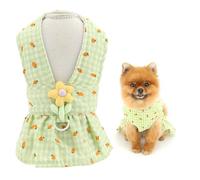 SMALLLEE_LUCKY_STORE Gingham Plaid Dog Dress for Extra Small and Small Dog Female Puppy Harness Skirt with D-ring Floral Decorate Summer Comfortable Pet Clothes Yorkie Chihuahua Cats Apparel Green M