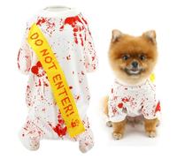 SMALLLEE_LUCKY_STORE Halloween Dog Costumes for Small Dog Puppy Pajamas with Bloody Letter "DOT NOT ENTER" Banner Cosplay Party Holiday Jumpsuit Cat Clothes, White, S