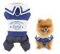 SMALLLEE_LUCKY_STORE Knitted Waffle Dog Jumpsuit for Small Dog Pet Outfit with D-ring Striped Summer Spring Stretchable Puppy Shirt Jeans Pants Outfits Chihuahua Yorkie One Piece, Blue, S