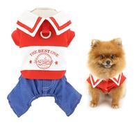 SMALLLEE_LUCKY_STORE Knitted Waffle Dog Jumpsuit for Small Dog Pet Outfit with D-ring Striped Summer Spring Stretchable Puppy Shirt Jeans Pants Outfits Chihuahua Yorkie One Piece, Red, XL