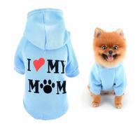 SMALLLEE_LUCKY_STORE Letter Graphic Dog Hoodie for Small Dogs, Blue, M | Soft Knit Fabric, Leash Hole, Spring Autumn Wear, Chihuahua, Yorkie, Small Breed, I Love My Mom Pullover Dog Jumper