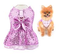 SMALLLEE_LUCKY_STORE Metallic Sequins Dog Harness Dress, Cute Bow Pet Wedding Party Formal Dress for Small Dog Cat Girls with D-ring Puppy Skirt Yorkie Chihuahua Summer Clothes,Fuchsia,M