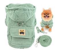 SMALLLEE_LUCKY_STORE Pet Corduroy Hoodie Winter Coat Fleece Lined Jacket for Small Dogs Cats with D-ring and Matching Leash Puppy Chihuahua Yorkie Warm Cold Weather Clothes,Green,M