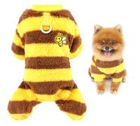 SMALLLEE_LUCKY_STORE Plush Fleece Striped Dog Pyjamas for Small Dogs Cute Bumble Bee Jumpsuit with D-Ring Puppy Soft 4-Leg Pullover Pjs Cozy Winter Fall Pet Sleepwear Chihuahua Yorkie Clothes S