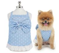 SMALLLEE_LUCKY_STORE Polka Dot Knit Dog Dress with Lead Ring, Stretchy Sleeveless Puppy Sundress with Big Bow and Lace Hem, Breathable Spring Summer Clothes for Small Dogs and Cats, Blue, L