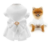 SMALLLEE_LUCKY_STORE Satin Dog Wedding Dress for Small Dog Elegant Princess Puppy Skirt with Bow and Pearl Pet Bride Pure White Tutu Dress with Puff Sleeve Luxury Party Birthday Costume, White, M