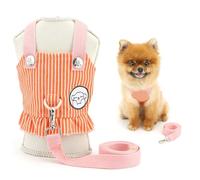 SMALLLEE_LUCKY_STORE Striped Denim Dog Harness Dress for Extra Small and Small Dog No Pull Puppy Harness Skirt with Leash Set Ruffs Trim Pet Vest with D-Ring Summer Chihuahua Yorkie Apparel Orange S