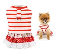 SMALLLEE_LUCKY_STORE Striped Dog Dress for Extra Small and Small Dog Puppy Outfit with Floral and Polka Dot Lace Layered Skirt Stretchable Pet Clothes Yorkie Chihuahua Cats Costume, Red, XL