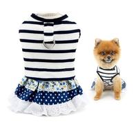 SMALLLEE_LUCKY_STORE Striped Dog Dress for Extra Small and Small Dog Puppy Outfit with Floral and Polka Dot Lace Layered Skirt Stretchable Pet Clothes Yorkie Chihuahua Cats Costume, Blue, M