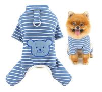 SMALLLEE_LUCKY_STORE Striped Fleece Lined Dog Pyjamas for Xsmall Small Dogs Warm Puppy Jumpsuit with D-Ring Cute Bear Four-Leg Pullover Pjs Cozy Winter Autumn Pajamas for Chihuahua Yorkie Blue L