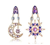 SMALLLOVE Exaggerated Luxury Sun Moon Star Earrings for Women Vintage Gold Plated Asymmetrical Metal Crystal Drop Dangle Statement Earring, Metal, crystal