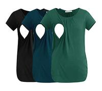 Smallshow 3 Pack Nursing Tops Short Sleeve Side Ruched Breastfeeding Clothes,Black-Deep Green-Teal,XXL