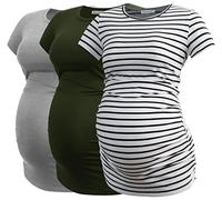 Smallshow Maternity Clothing Tops Side Ruched Pregnancy Clothes for Women 3-Pack Army Green/Light Grey/White Stripe S