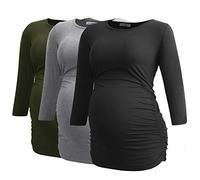 Smallshow Maternity Tops for Women 3/4 Sleeve Ruched Pregnant Clothes 3-Pack,Black/Grey/Army Green,S