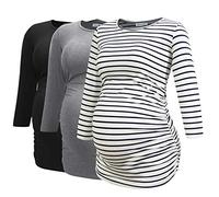 Smallshow Maternity Tops for Women 3/4 Sleeve Ruched Pregnant Clothes 3-Pack,Black/Grey/White Stripe,2XL
