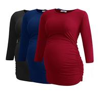 Smallshow Maternity Tops for Women 3/4 Sleeve Ruched Pregnant Clothes 3-Pack,Black/Navy/Wine,S
