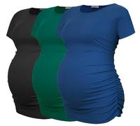 Smallshow Women's Maternity Clothes Ribbed Side Ruched Pregnancy Tops 3 Pack,Black-Deep Green-Teal,M