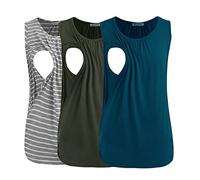 Smallshow Women's Maternity Nursing Tops Sleeveless Breastfeeding Vest Clothes 3 Pack,Army Green-Teal-Light Grey Stripe,S